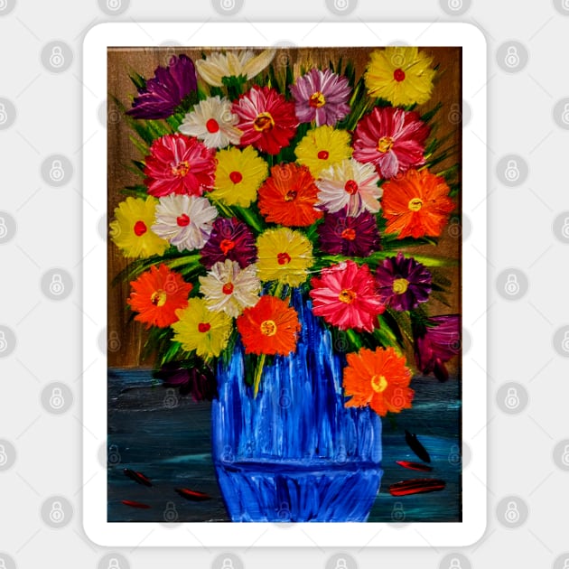 Beautiful floral paintings with abstract flowers in a blue vase Sticker by kkartwork